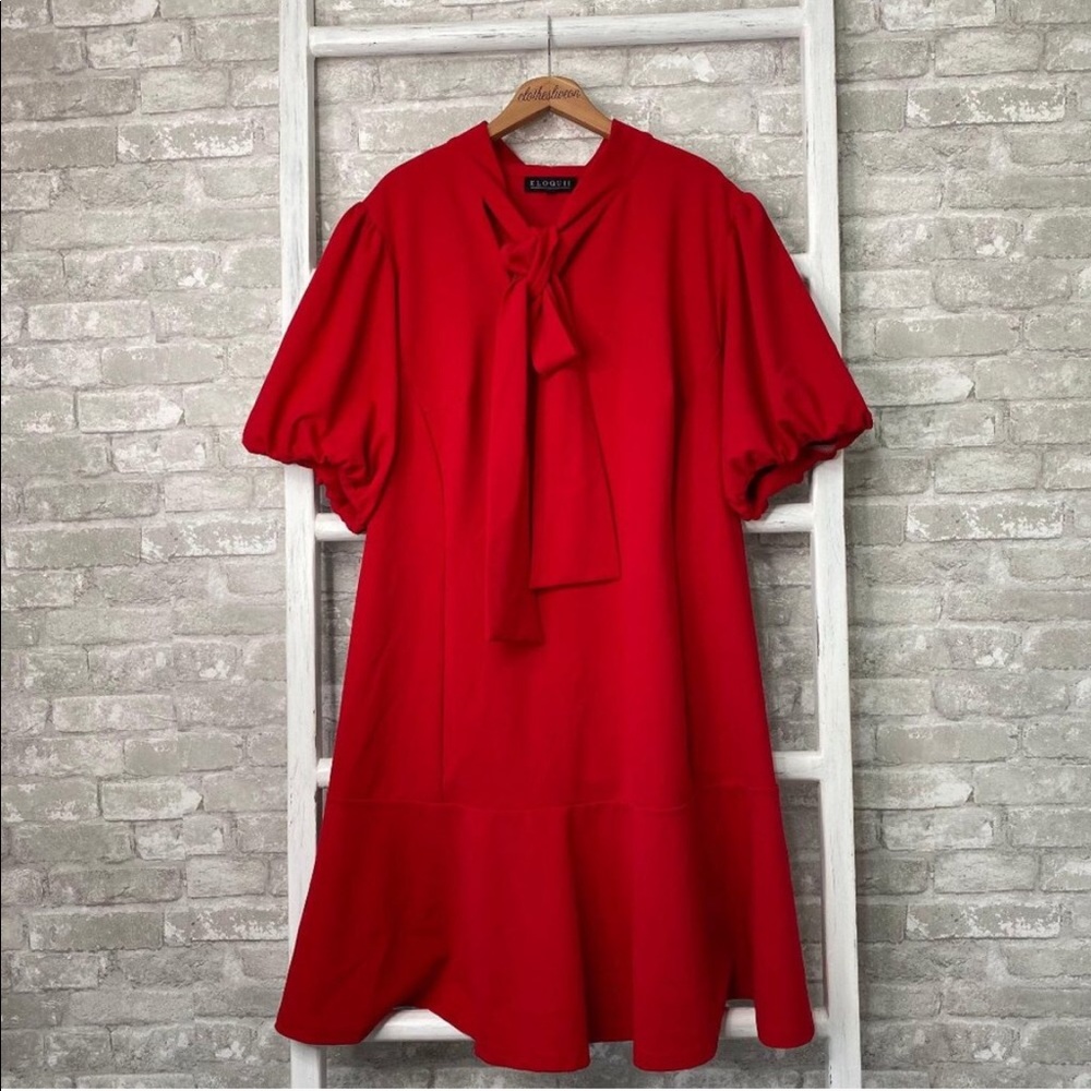 Eloquii Puff Sleeve Tie Neck Midi Dress
